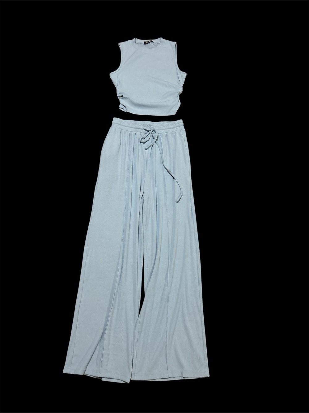 Light Blue Wide-Leg Knit Drawstring Pants